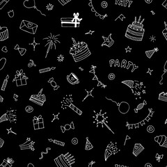 Birthday seamless pattern. Cute doodle background. Hand drawn party theme. Happy Birthday