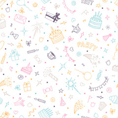 Cute birthday seamless pattern. Hand drawn party theme. Doodle background. Happy Birthday