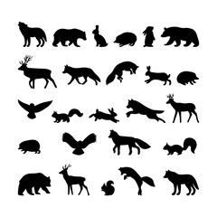 Forest animals. Hand drawn silhouettes. Black outline wild woodland animals. Bear, deer, wolf, fox, owl, hedgehog, squirrel, hare