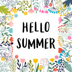 Hello summer. Inspirational and motivating phrase. Quote, slogan. Lettering design for poster, banner, postcard