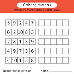 Ordering numbers worksheet. Arrange the numbers from greatest to least. Number range up to 10. Mathematics