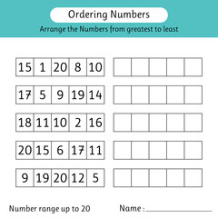Ordering numbers worksheet. Arrange the numbers from greatest to least. Number range up to 20. Mathematics