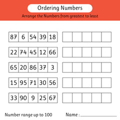 Ordering numbers worksheet. Arrange the numbers from greatest to least. Number range up to 100. Math