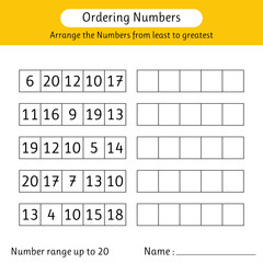 Ordering numbers worksheet. Arrange the numbers from least to greatest. Mathematics. Number range up to 20