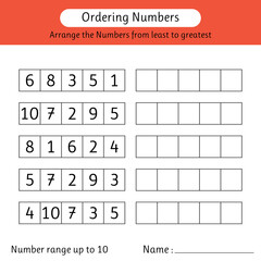 Ordering numbers worksheet. Arrange the numbers from least to greatest. Number range up to 10. Math
