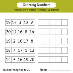 Ordering numbers worksheet. Arrange the numbers from least to greatest. Number range up to 20. Math