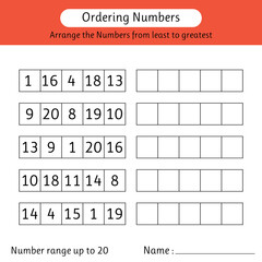Ordering numbers worksheet. Arrange the numbers from least to greatest. Number range up to 20. Mathematics