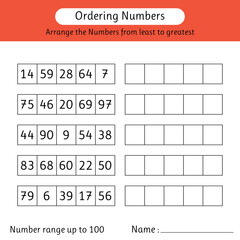 Ordering numbers worksheet. Arrange the numbers from least to greatest. Number range up to 100. Math