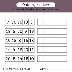 Ordering numbers worksheet. Number range up to 20. Arrange the numbers from greatest to least. Mathematics