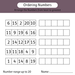 Ordering numbers worksheet. Number range up to 20. Arrange the numbers from least to greatest. Mathematics