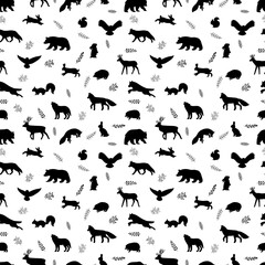 Seamless pattern with wild forest animals. Woodland life. Background for fabric, clothing, textile, wrapping paper