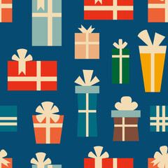 Retro vintage Christmas pattern with gift boxes. Christmas festive pattern. Vector illustration