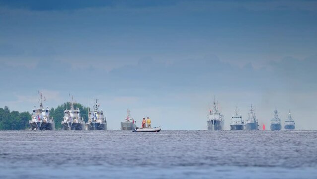 Saint-Petersburg, Russia - Jul 28 2022, 4k, passage of Russian warships along the fairway of the Gulf of Finland during the naval parade, Saint-Petersburg, Russia