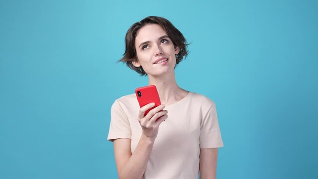 Lady blogger use gadget get heart feedback isolated on blue color background