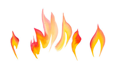 Watercolor flame set. Different kids of flames and fire. Fire element. Light, heat and danger.