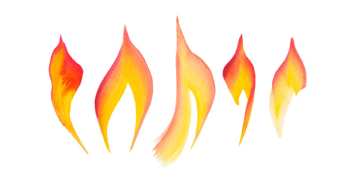 watercolor flame illustration. aquarelle red and yellow fire on white background