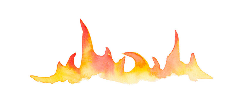 Fire on the bottom of the page. Template with hand drawn watercolor flames. Isolated illustration on white background