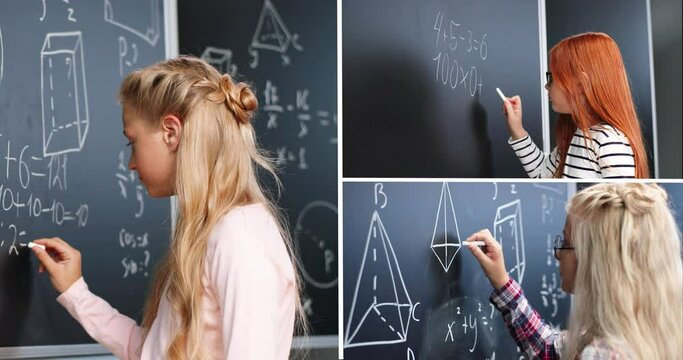 Close up of smart little girls studying at school writing on blackboard with chalk. Teen schoolgirls learning at lesson of geometry in classroom indoor. Education. Mathematics. Collage. Split screen