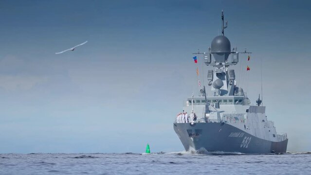 Saint-Petersburg, Russia - Jul 28 2022, 4k, passage of Russian warships along the fairway of the Gulf of Finland during the naval parade, Saint-Petersburg, Russia
