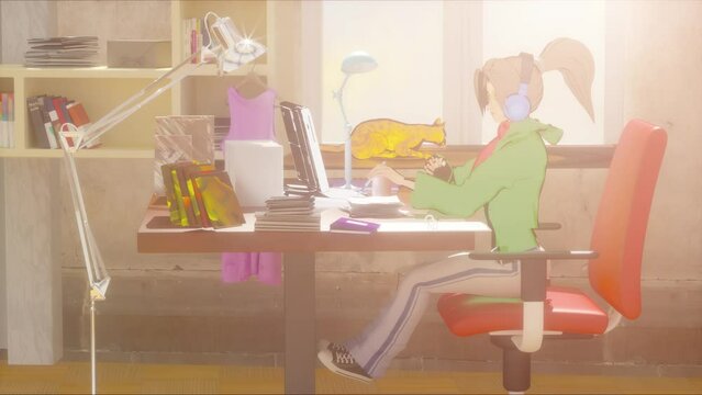 anime animation of a cartoon low-Fi girl style a schoolgirl or a student does her homework at home night scene loop render 3d