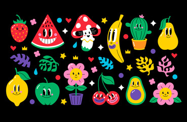 Set of funny cartoon characters in retro comic style - strawberry, watermelon, fly agaric, banana, cactus, pear, lemon, apple, flower, cherries, avocado and different elements. Vector illustration.