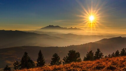 Fototapeta Widok Tatr z Pienin o zachodzie słońca
 obraz