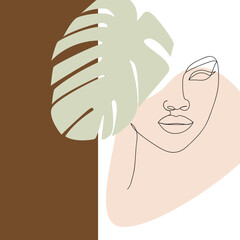 Line art face. Nice design, poster with minimal woman face and monstera leaf. One line drawing style.