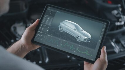 Application for a digital tablet for wireless diagnostics and analysis of the technical condition of the electric motor in the car and the state of the battery. Car model shown in 3D projection