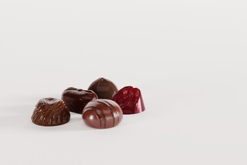 Various chocolate pralines on a white background. Concept of making chocolate, eating pralines. 3D render, 3D illustration.