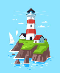 Lighthouse on rock island in sea. Beacon on coastline vector. Seascape with nautical navigation tower with lamp on coast