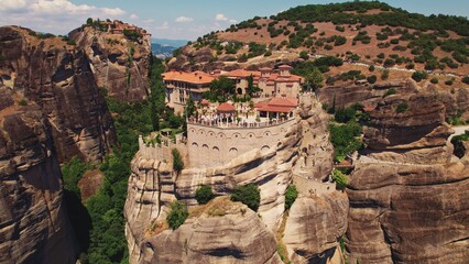 Stunning Meteora monastery in Greece. Phenomenal human achievements. Complex building on massive rock formation. High quality photo