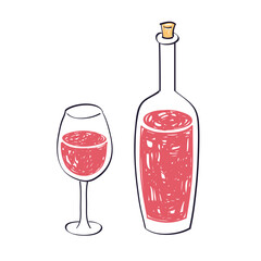Red wine bottle and glass isolated hand drawn style vector illustration