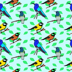 Fototapeta premium Seamless texture of different birds. Birds and leaves vector background template