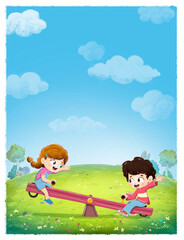 children playing on a seesaw in the park with background