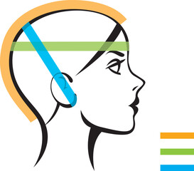 Stylized linear silhouette of a female head isolated on a white background. Template for measuring head. Sizing Charts for caps. Vector illustration
