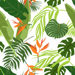 Obraz premium Seamless pattern of tropical leaves and flowers. A pattern of banana leaves, monstera and palm trees. Flat multicolored vector background