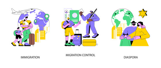 Residence permit abstract concept vector illustration set. Immigration documents, migration control, diaspora, green card, application form, fingerprints check, religious community abstract metaphor.