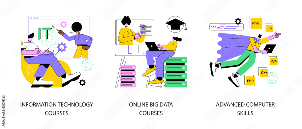 Poster it specialist training abstract concept vector illustration set. information technology courses, onl