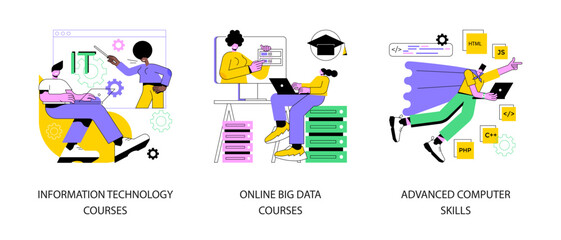 IT specialist training abstract concept vector illustration set. Information technology courses, online big data degree program, advanced computer skills, data and web programming abstract metaphor.