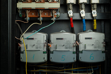 switching of electrical three-phase wires in the control panel. electrician technology connection power supply 380v
