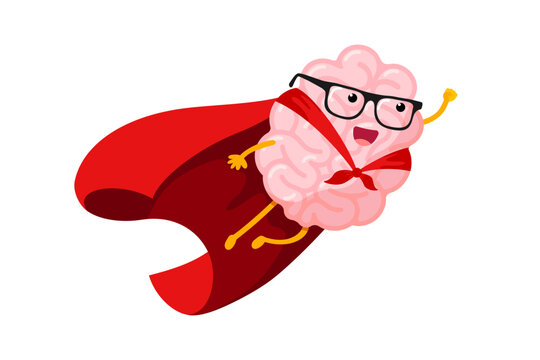 Cartoon human brain fly in sky as super hero. Clever central nervous system mascot superhero with glasses in red coat. Human mind organ character inspiration. Brainstorming and idea concept. Vector
