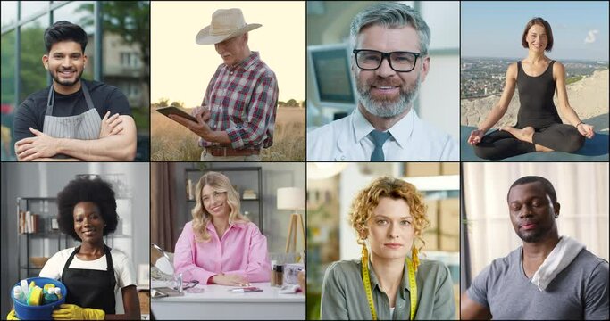 Close up portraits of multi-ethnic diverse people of different professions. Cleaning service worker. Businessman smiling. Agricultor in field Pretty woman practicing yoga outdoor. Professional concept