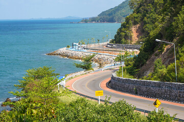 Beautiful curved road of the sea at Noen Nangphaya view point Chanthaburi, Thailand.
