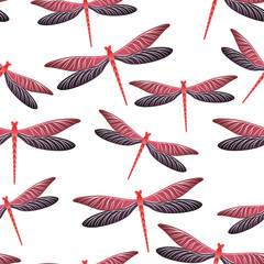 Dragonfly minimal seamless pattern. Repeating clothes textile print with damselfly insects. Garden