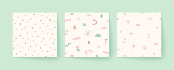 Set of cute seamless patterns in scandinavian style. Hand drawn contemporary art collages with abstract shapes.