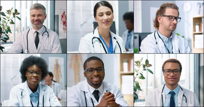 Close up of many diverse female and male doctors sitting in hospital at looking at camera. Happy physicians indoor in cabinet. Doctor sitting in office and smiling. Healthcare, multiscreen compilation