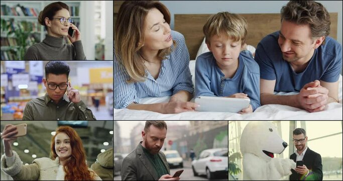 Caucasian pretty people in different places using multiple devices. Red-haired woman taking selfie photo on smartphone. Family with kid boy at home watching cartoons on tablet, collage, technology