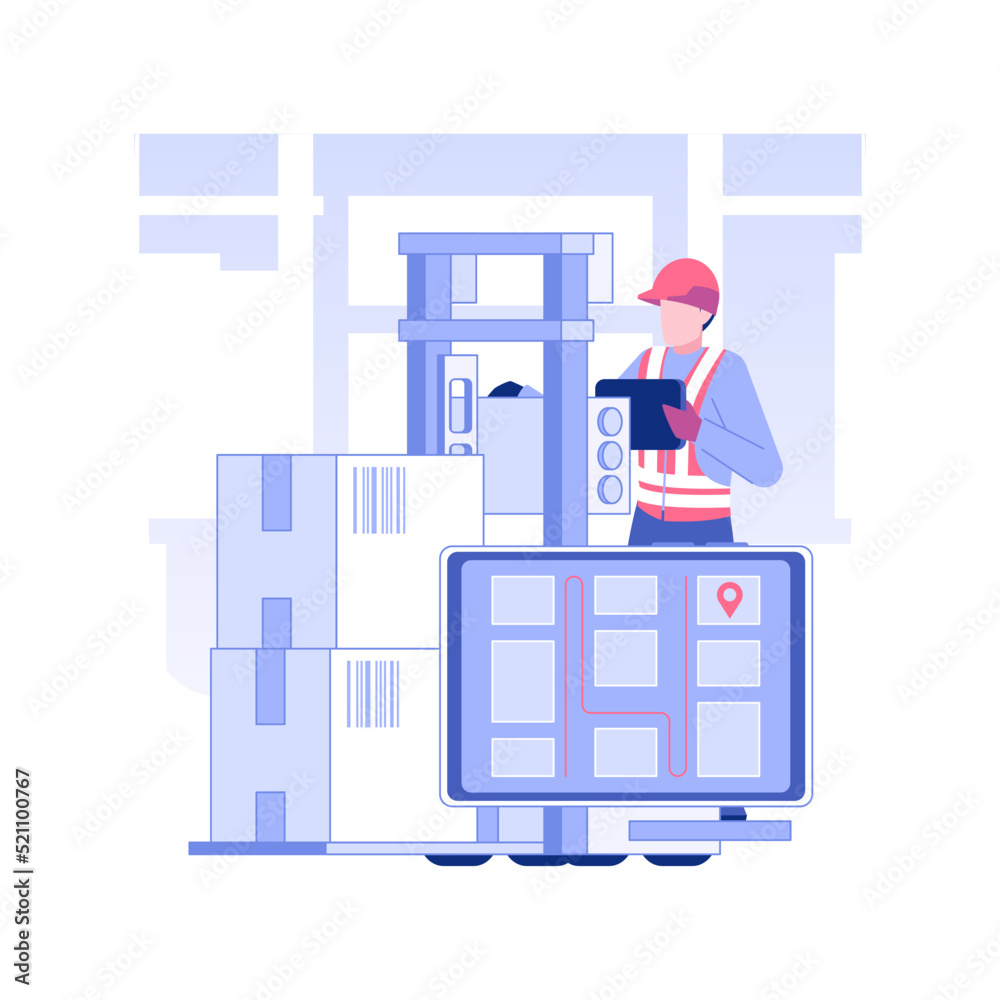 Poster navigation system isolated concept vector illustration. warehouse worker using navigation software i