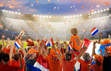 Netherlands football team supporter on stadium. - obrazy, fototapety, plakaty