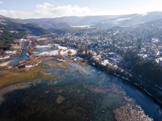 Aerial winter view of Pancharevo lake, Bulgaria